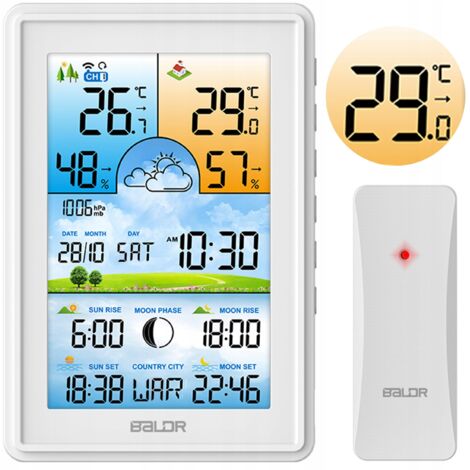 Magicfox – Station météo numérique sans fil – Affichage LCD couleur – Température intérieure -10°C à 50°C, extérieure -40°C à 60°C – Humidité 1% à 99% HR
