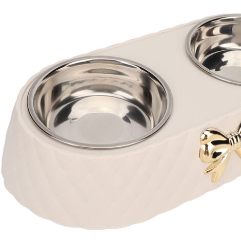 Gamelles doubles antidérapantes en acier inoxydable pour nourriture et eau, avec support décoratif à nœud papillon, pour chien et chat, beige