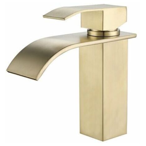 Trimec – Robinet mitigeur lavabo cascade doré brossé – Acier inoxydable – Noyau céramique – Débit doux sans éclaboussures – Installation facile (1/5)