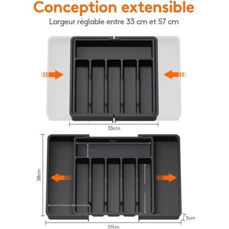 - Range Couverts, Plateau d'Ustensiles Extensible pour Tiroir, Organisateur de Tiroir Réglable pour la Cuisine, Rangement Compact en Plastique pour contenir des Cuillères, Fourchettes, Noir