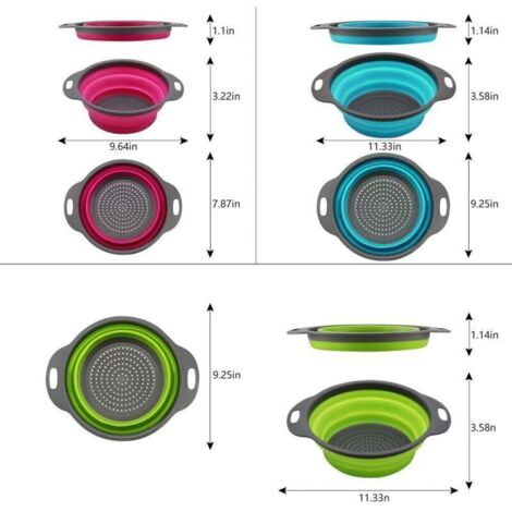 Ensemble de 3 passoires pliables rondes en silicone - 2 pièces de 4 litres et 1 pièce de 2 litres - Parfait pour égoutter les pâtes, les légumes et les fruits (vert, bleu, violet)