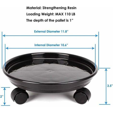 Lot de 2 plateaux de 30 cm pour pots de fleurs ronds avec 4 roulettes pour la maison ou le jardin – Noir
