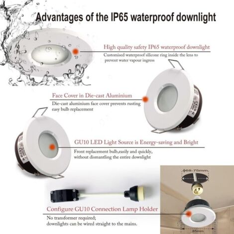 Aougo – Spot LED encastrable étanche IP65 – Douille GU10 – Aluminium moulé – Tension 220-240V – Découpe 75mm – Pour salle de bain et cuisine