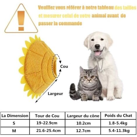 Collier anti-morsure réglable pour chiens et chats, collier de récupération confortable en forme de cône avec un adorable motif de tournesol jaune (S)