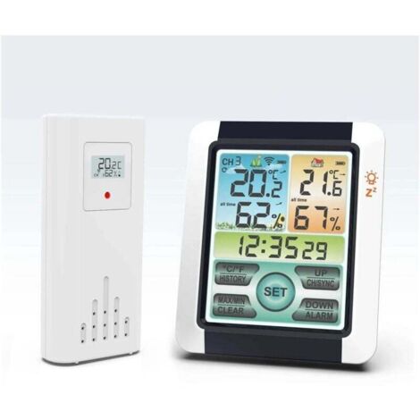 Station météo, 1 ensemble de thermomètre et d'humidité intérieur/extérieur sans fil, horloge météo couleur avec grand écran tactile LCD XXW (1/4)