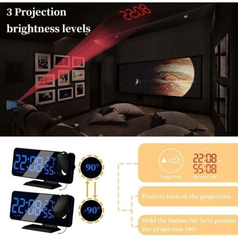 Reveil Projecteur avec Radio, Horloge Numérique, Réveil avec Port de USB, 3 Niveaux de Luminosité Réglables, Snooze et 15 Niveaux de Volume, 12/24h, pour Chambre, Maison, Bureau