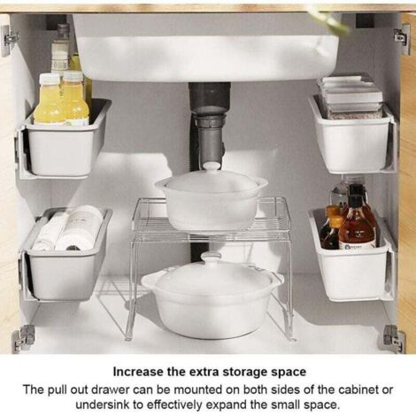 2 organisateurs de panier d'armoire de cuisine,Glissez les tiroirs de rangement en plastique,sous l'évier,organisateur du meuble, tiroir coulissant pour cuisine,salle de bain Undersink(blanc