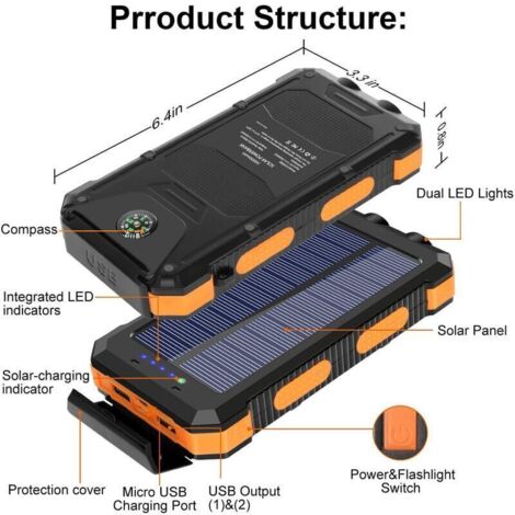 Chargeur solaire 20 000 mAh – 2 ports USB – Charge rapide 3A – Panneau solaire intégré – Étanche et antichoc pour camping