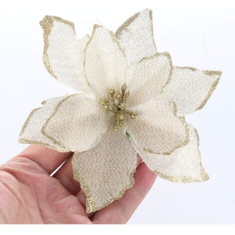 Lot de 12 fleurs artificielles pailletées pour sapin de Noël, dorées, 13 cm (1/5)