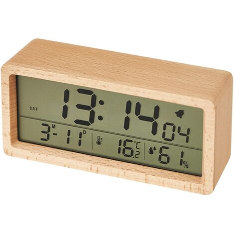 Réveil de chambre, réveil LED multifonctionnel, thermomètre-hygromètre, écran lumineux, réveil en bois massif, grand écran (1/5)
