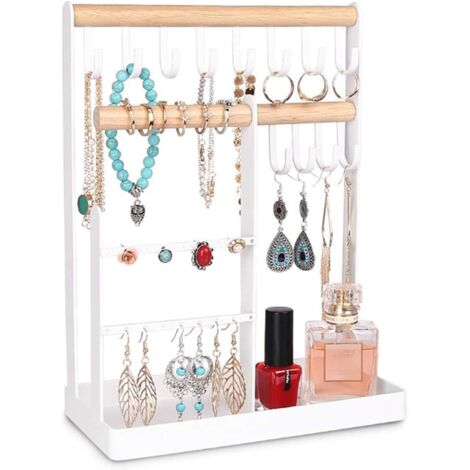 Porte-bijoux, présentoir à bijoux avec étagère pour ranger colliers longs, bracelets, bagues, montres et accessoires - Blanc (1/5)
