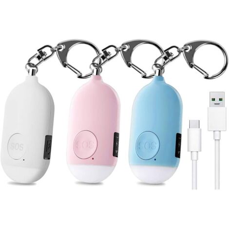 3 dispositifs d'appel d'urgence personnels de 130 dB, alarmes de sécurité rechargeables avec lampe torche LED, alarmes antivol, pour femmes, enfants, personnes âgées et aventuriers - Rose et blanc (1/5)