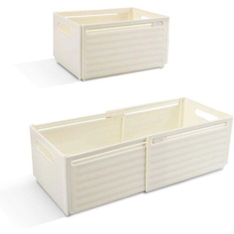 Lot de 2 Boite de Rangement Plastique Extensibles avec Poignée, Caisse Bac Eangement Pliable Cuisine, Chambre, Salle de Bain, Bureau (Blanc Cassé) (1/4)