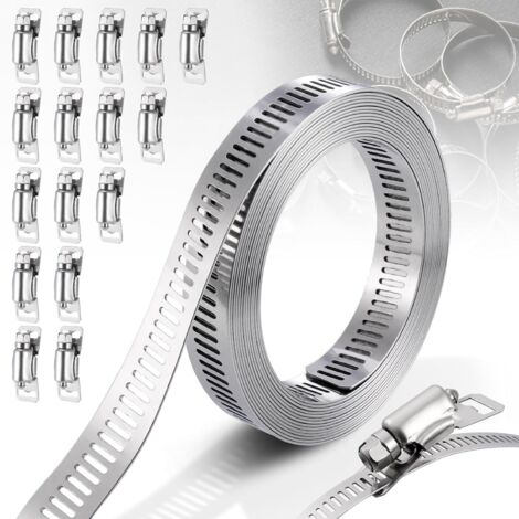 Collier de serrage en acier inoxydable 304 de 5 m, ruban perforé en métal réglable, pince en acier inoxydable de fixation en 16 pièces pour plomberie, machine à laver, piscine, jardin (1/4)