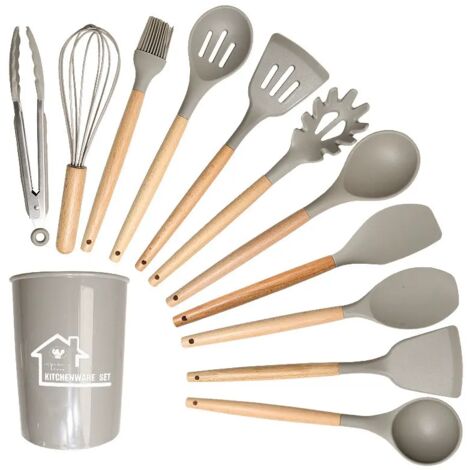 Ensemble d'ustensiles de cuisine en silicone 12 pièces, ustensiles de cuisine avec porte-ustensiles, ensemble d'ustensiles de cuisine antiadhésifs avec poignées en bois, accessoires de cuisine lavable (1/4)