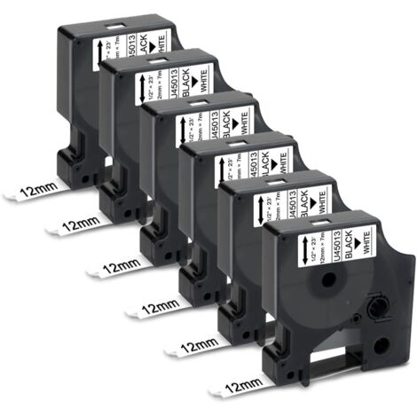 6x Ruban pour Étiqueteuse Compatible pour Dymo D1 45013 S0720530 45013s Rubans d'étiquettes pour Dymo LabelManager 160 100 150 120P 200 280 220P , 12mm x 7m(Noir sur Blanc)