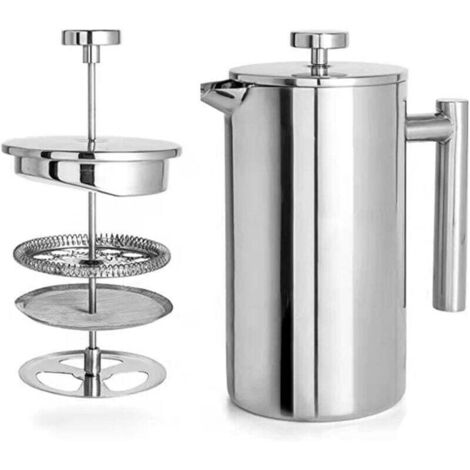 LaBlanc 1 Litre (8 Tasses), Cafetière à Piston en Acier Inoxydable 304 à Double Paroi Lsolée, Cafetiere Piston Avec 1 Filtre Supplémentaire, Système de Filtration à 3 Niveaux, Argenté (1/5)