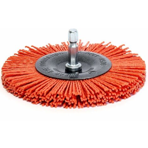 Brosse poncage nettoyage Bois pour Visseuse/Perceuse. Brosse Circulaire 100mm en Nylon à queue hexagonal 1/4 '(6mm) (1/5)