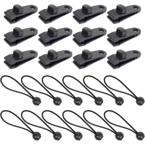 Lot de 12 clips de bâche + 12 tendeurs en caoutchouc avec boule de 15 cm, pinces de bâche avec verrouillage de serrage, vis de préhension, clips pour bâche d'extérieur, tente, camping, auvent