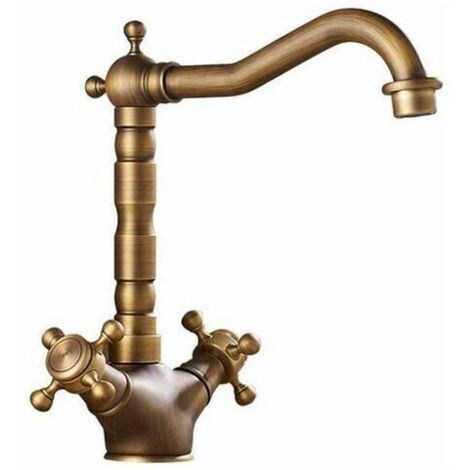 360° Robinet Rotatif en Cuivre Antique Double de Lavabo en Laiton Évier de Cuisine Brossé Lavabo Doux Robinet Vintage pour Eau Chaude et Froide, Ensoleillé (1/5)