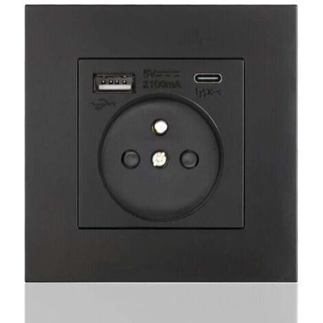 SNQ – Panneau de prises françaises 16A Type 86 – 2 prises + 1 USB + 1 Type-C – Installation horizontale/verticale – Sûr et ferme, carré noir - USB16A (1/4)