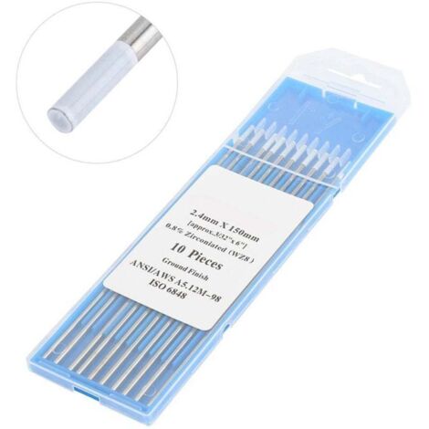 Électrodes de tungstène zirconiées, 10Pcs 1.0/1.6/2.4/3.2mm WZ8 Pointe blanche pour le soudage Tig AC, TIG(2.4mm×150mm)