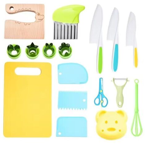 Lot de 17 couteaux et ustensiles de cuisine pour enfants, couteau sécurité de cuisine enfant avec d'emporte-pièces, couteaux en bois couper des fruits légumes, pour enfant de 2 ans et plus