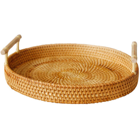 Hand Woven Round Rattan Serving Tray Bread Fruit Dessert Snack Basket with Handles Diameter 28cm Height 4cm (1/5)