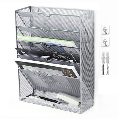 5 Tier Wall File Organizer Vertical Placement Glossy Edges Wall Mount File Holder with Hanging Hole for Office Silver (1/5)