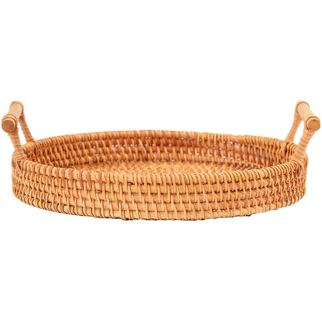 Hand Woven Round Rattan Serving Tray Bread Fruit Dessert Snack Basket with Handles Diameter 22cm Height 3cm (1/5)