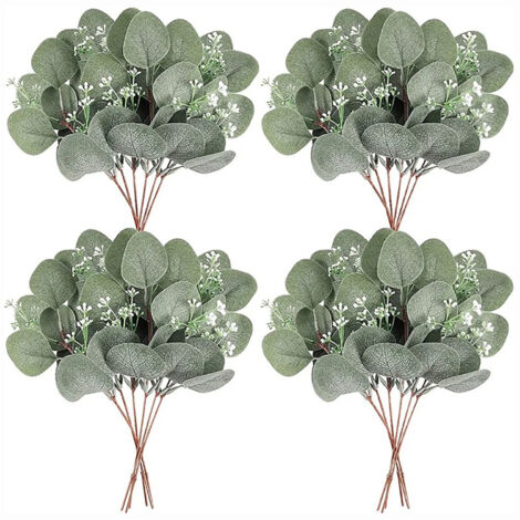 24Pcs Artificial Eucalyptus Stem Branches Round Eucalyptus Leaf with White Flower Decor Artificial Wedding Decor Plant