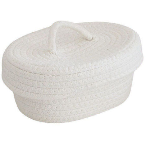Desktop Storage Box with Lid Handmade Cotton Rope Storage Basket for Makeup Sundries Snack Needles Milky White (1/5)