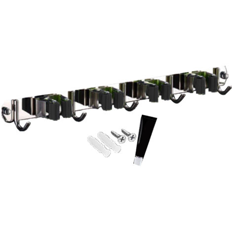 Punch Free Wall Mount Mop Broom Holder 4 Clips 5 Hooks Stainless Steel Mop Broom Holder Black (1/5)