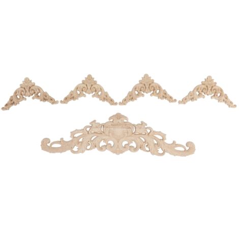 5Pcs Wooden Appliques Onlays Rubber Wood Carved 4 Corner Onlays and 1 Long Onlay for Cabinet Door Bed Wardrobe Furniture (1/5)