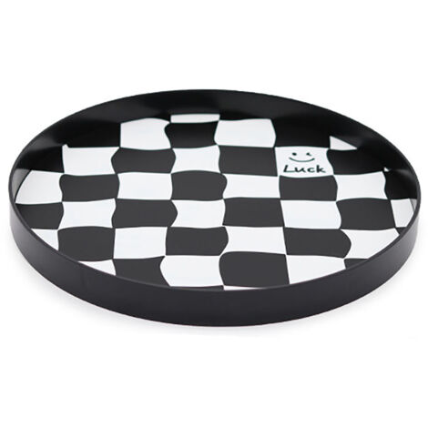 Round Storage Organizer Tray Checkerboard Design Plate Container Tray for Fruit Perfume Jewelry Black, Small (1/5)