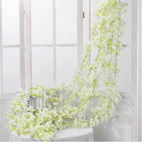 Artificial Flower Rattan Single 1.8m 135pcs Flowers Head Vivid Decorative Silk Plastic Hanging Fake Rattan for Decoration White