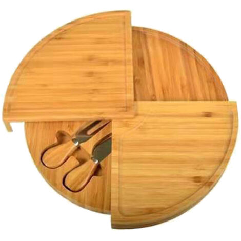 Bamboo Cheese Plate Board with 2 Knife Concealed Compartment Bread Fruit Snack Serving Tray (1/5)