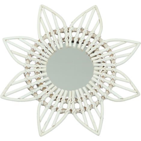 Rattan Wall Mirror White Flower Shape Rustic Vintage High Polished Glass Decorative Mirror for Entryway Bedroom Bathroom (1/5)