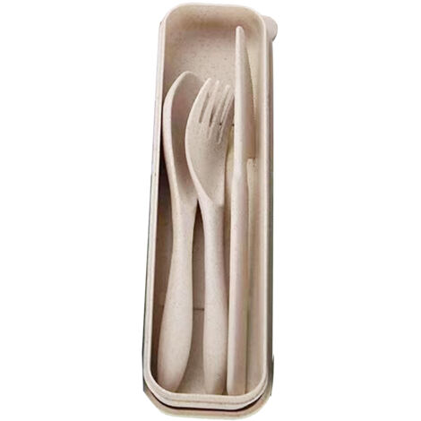 Wheat Straw Cutlery Set Modern Portable Fork Spoon Knife Tableware with Box for Office School Picnic Beige