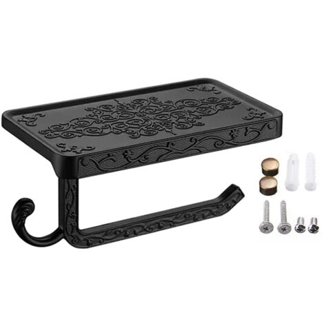 Black Paper Roll Rack with Phone Storage Shelf Aluminum Vintage Toilet Paper Towel Holder for Bathroom Black (1/5)