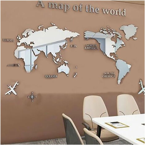 Acrylic Wall Stickers 3D World Map Wall Mirror Sticker for Office Study Living Room Bedroom Silver (1/5)