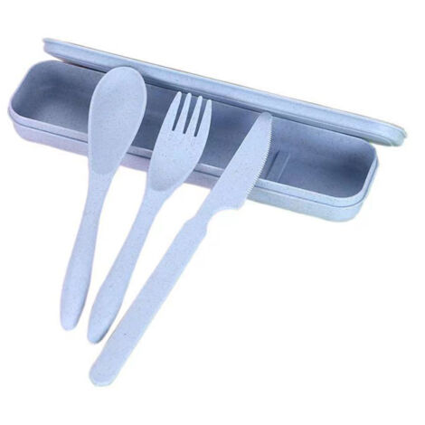 Wheat Straw Cutlery Set Modern Portable Fork Spoon Knife Tableware with Box for Office School Picnic Blue