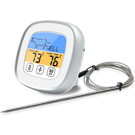 Digital Timer Thermometer Touch Screen Stainless Steel Meat Thermometer for Kitchen BBQ White (1/5)