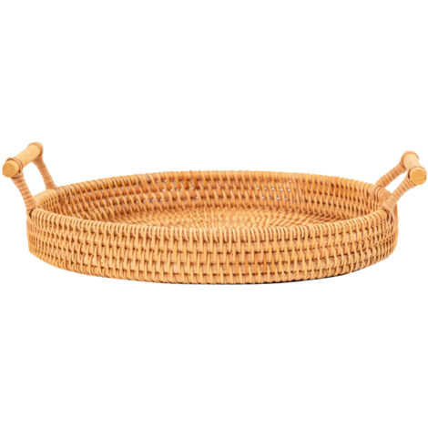 Hand Woven Round Rattan Serving Tray Bread Fruit Dessert Snack Basket with Handles Diameter 24cm Height 3cm (1/5)