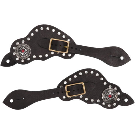 1Pair Spur Strap Leather Rhinestone Western Vintage Style Horse Riding Protective Equipment for Outdoor Black