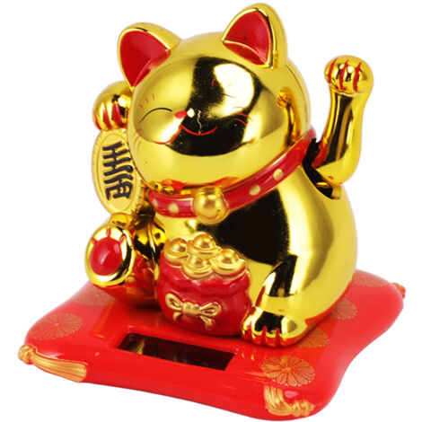 Solar Powered Waving Cat Wealth Welcoming Solar Cute Happy Lucky Cat Fortune Cat Statue Ornament for Home Car Decor Blessing Bag Gold (1/5)