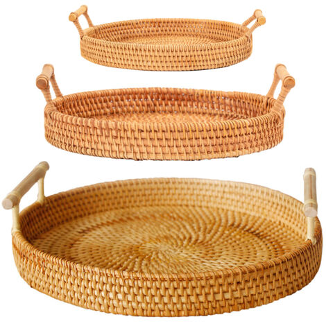 Hand Woven Round Rattan Serving Tray Bread Fruit Dessert Snack Basket with Handles 3 Piece Set (1/5)