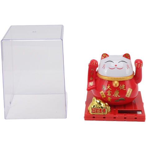 Solar Powered Waving Red Fat Cat Good Luck Wealth Welcoming Lucky Fortune Cat Home Room Office Desktop Decoration Large Size (1/5)