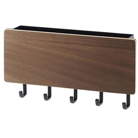 Japanese Wall Mounted Key Holder Wood with 5 Hooks Punch Free Multifunction Key Hanger for Home Walnut Color (1/5)