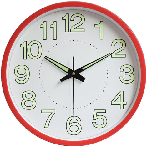 12 Inch Luminous Wall Clock Minimalist Round Quartz Clock for Bedroom Living Room Decoration Red